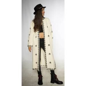 Meena mahal Swati Duster Womens Large Beige Open Front Long Sleeve Blazer NWT